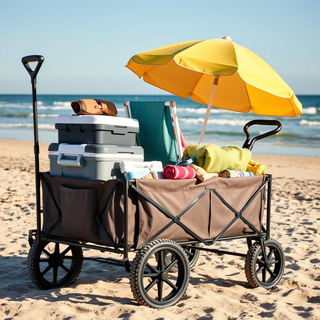 VIC super cart review - heavy duty folding wagon loaded with beach gear on sandy beach